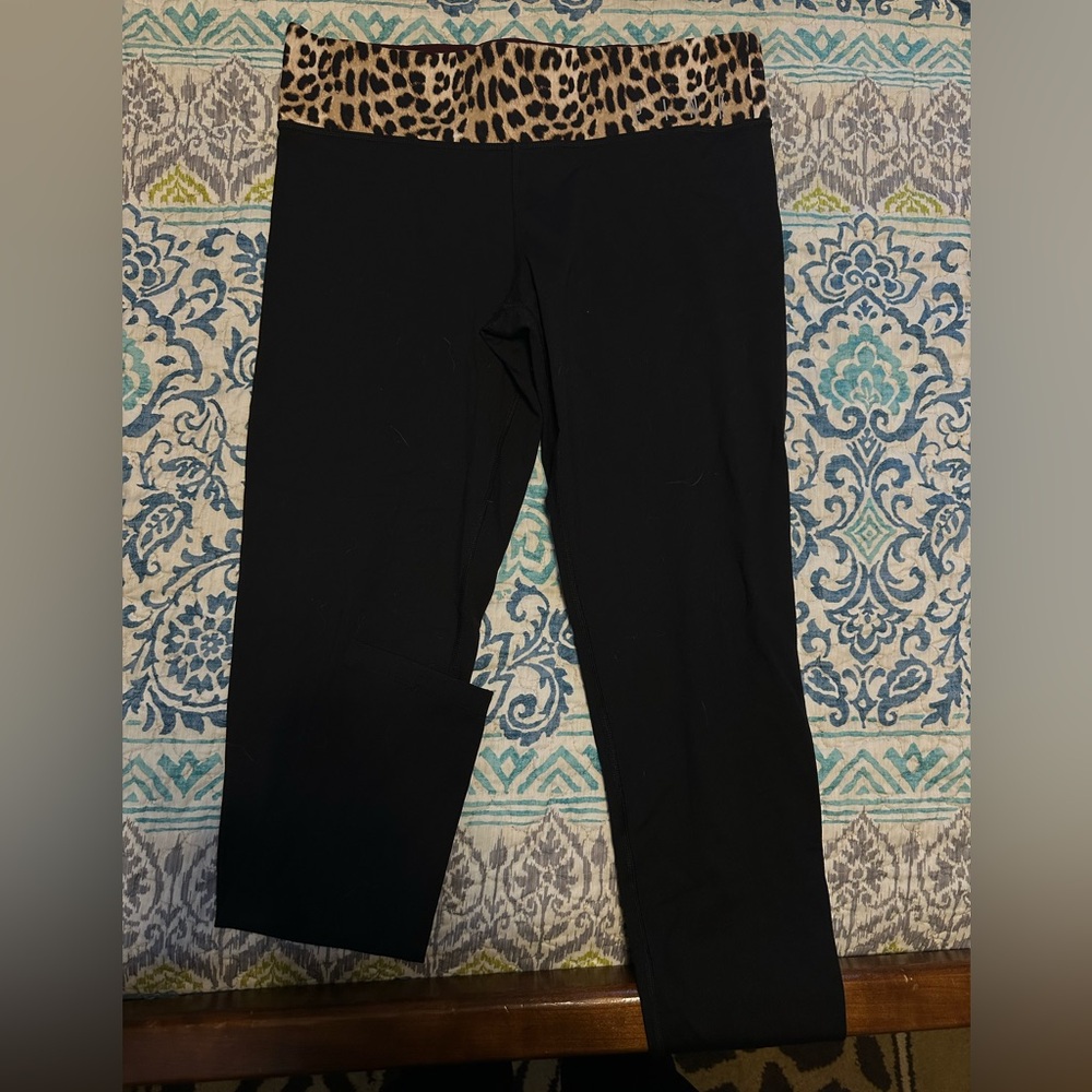 PINK Victoria's Secret Black Leggings with Leopard and Burgundy Waistband